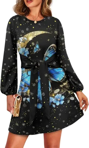 TODIYADDU Dress for Women Elegant Long Sleeve Cocktail Party Dress Mini Dresses with Belt Casual T Shirt Dress Midi Dresses