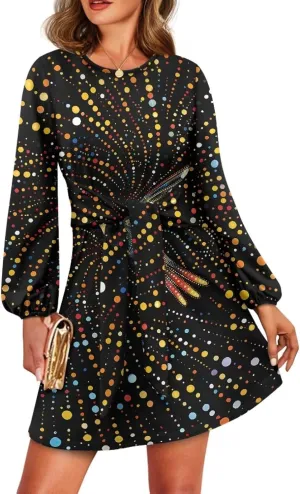 TODIYADDU Dress for Women Elegant Long Sleeve Cocktail Party Dress Mini Dresses with Belt Casual T Shirt Dress Midi Dresses
