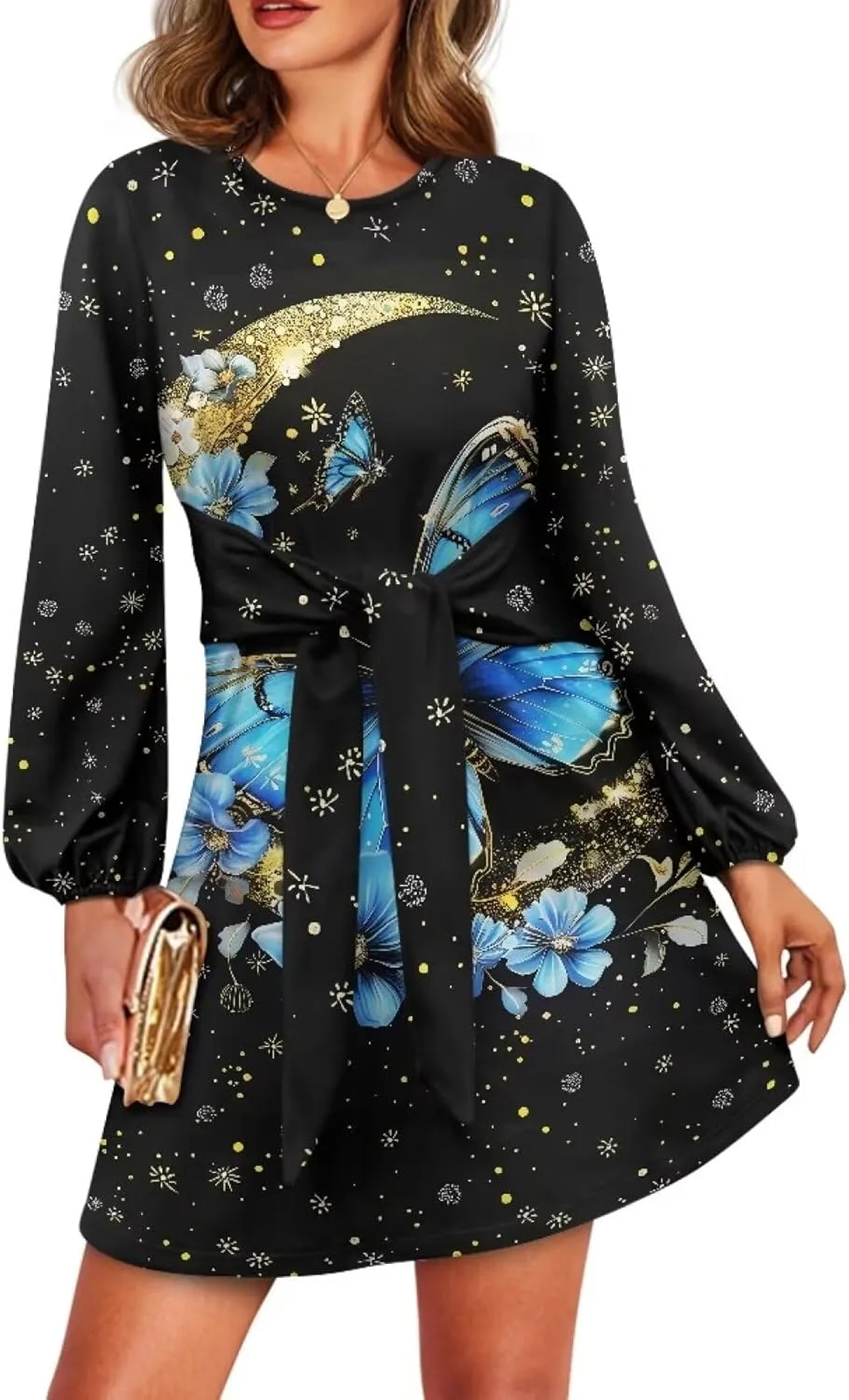 TODIYADDU Dress for Women Elegant Long Sleeve Cocktail Party Dress Mini Dresses with Belt Casual T Shirt Dress Midi Dresses