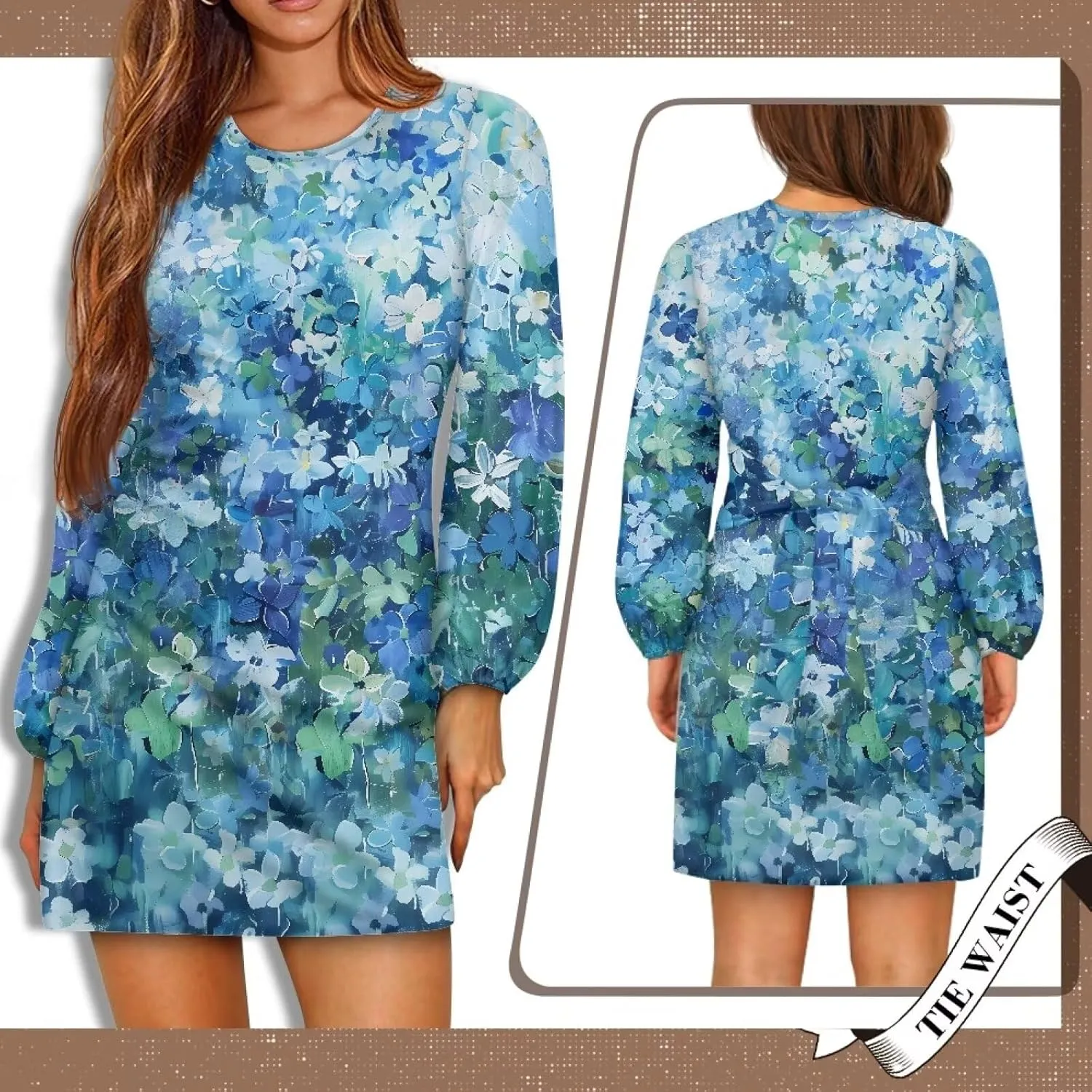 TODIYADDU Dress for Women Elegant Long Sleeve Cocktail Party Dress Mini Dresses with Belt Casual T Shirt Dress Midi Dresses