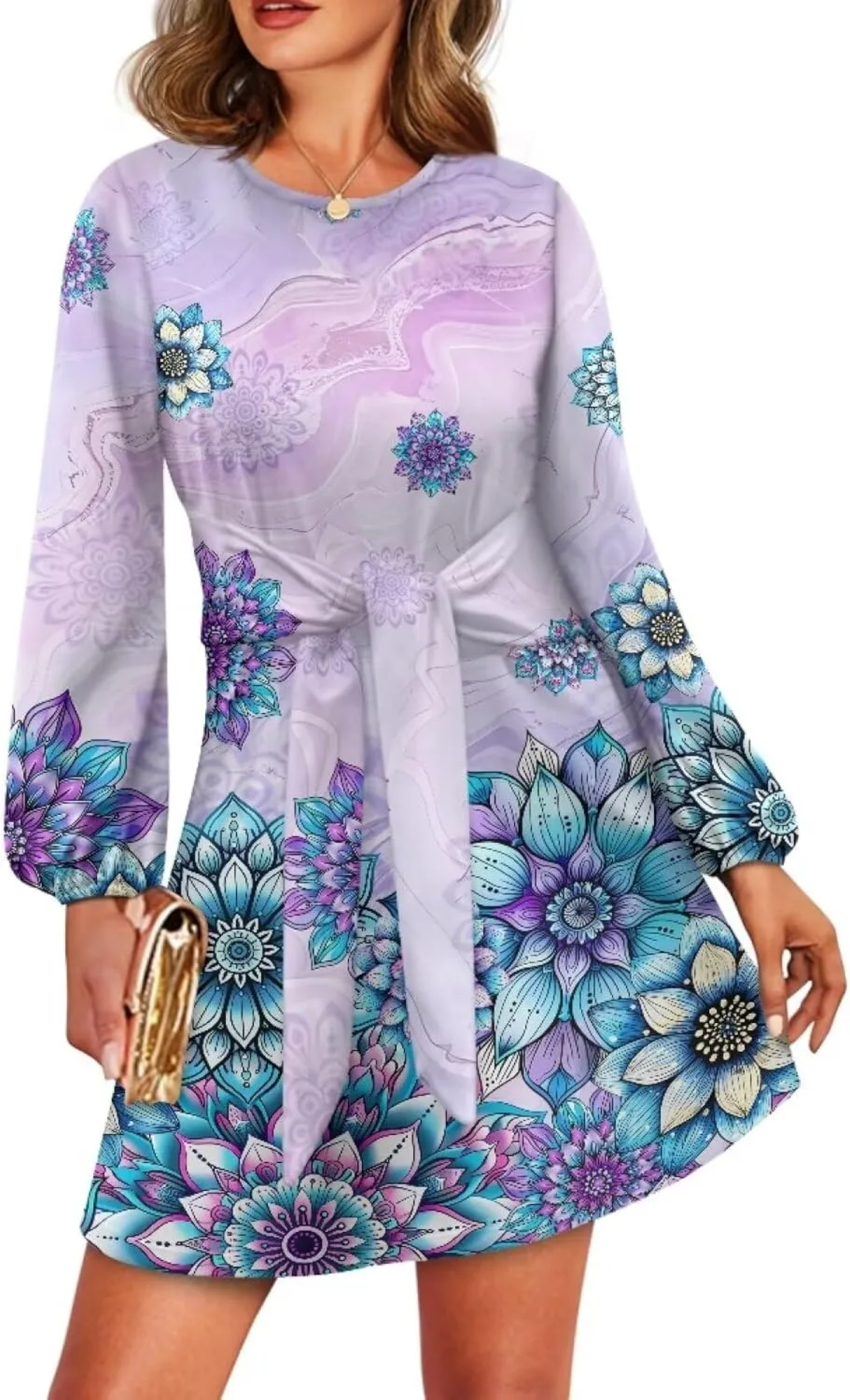 TODIYADDU Dress for Women Elegant Long Sleeve Cocktail Party Dress Mini Dresses with Belt Casual T Shirt Dress Midi Dresses