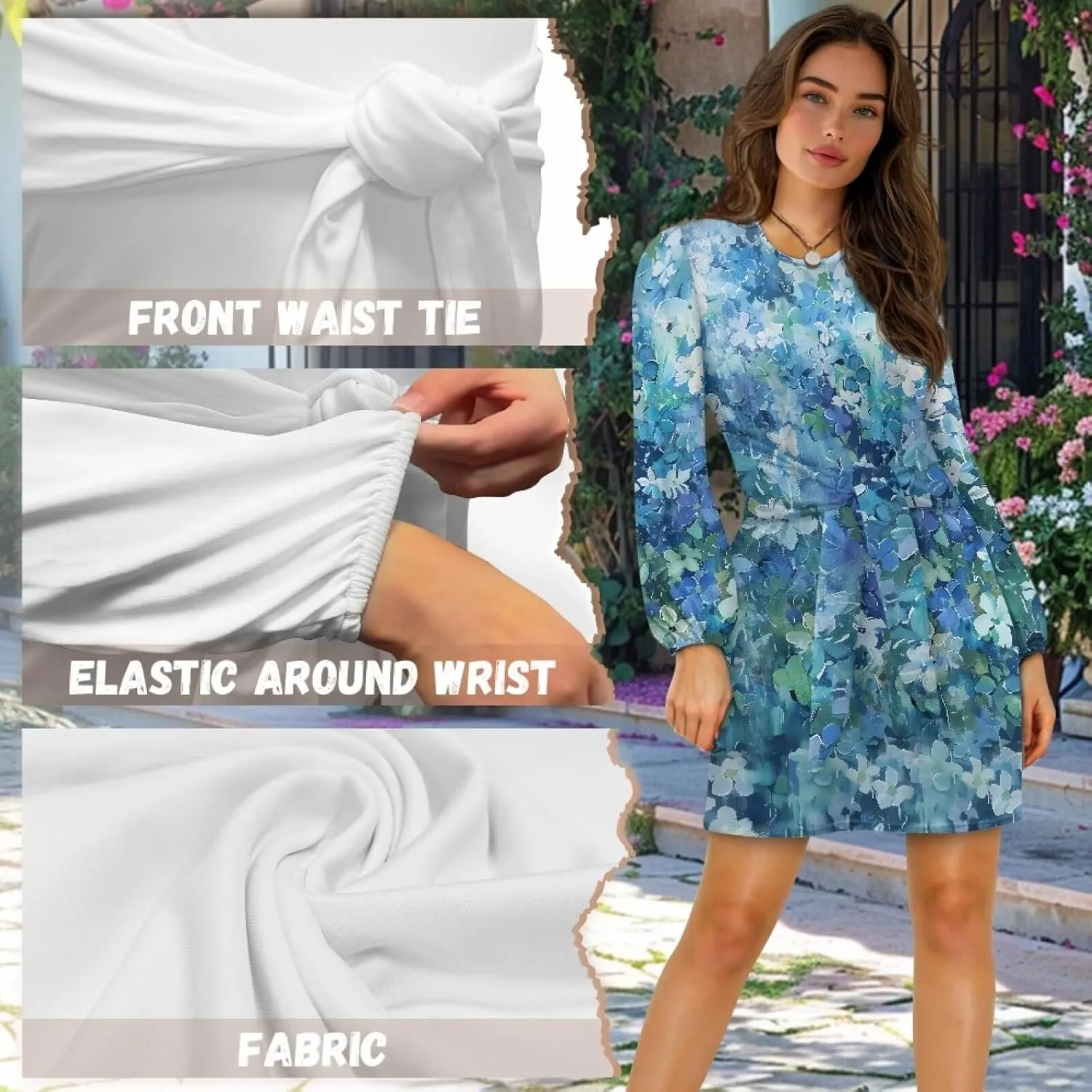 TODIYADDU Dress for Women Elegant Long Sleeve Cocktail Party Dress Mini Dresses with Belt Casual T Shirt Dress Midi Dresses