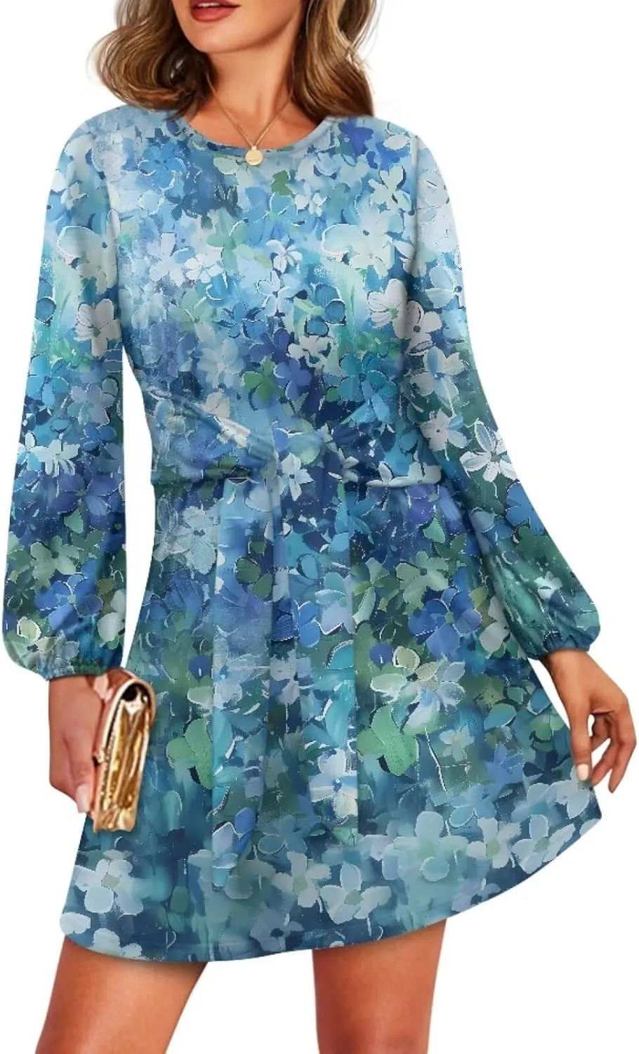 TODIYADDU Dress for Women Elegant Long Sleeve Cocktail Party Dress Mini Dresses with Belt Casual T Shirt Dress Midi Dresses
