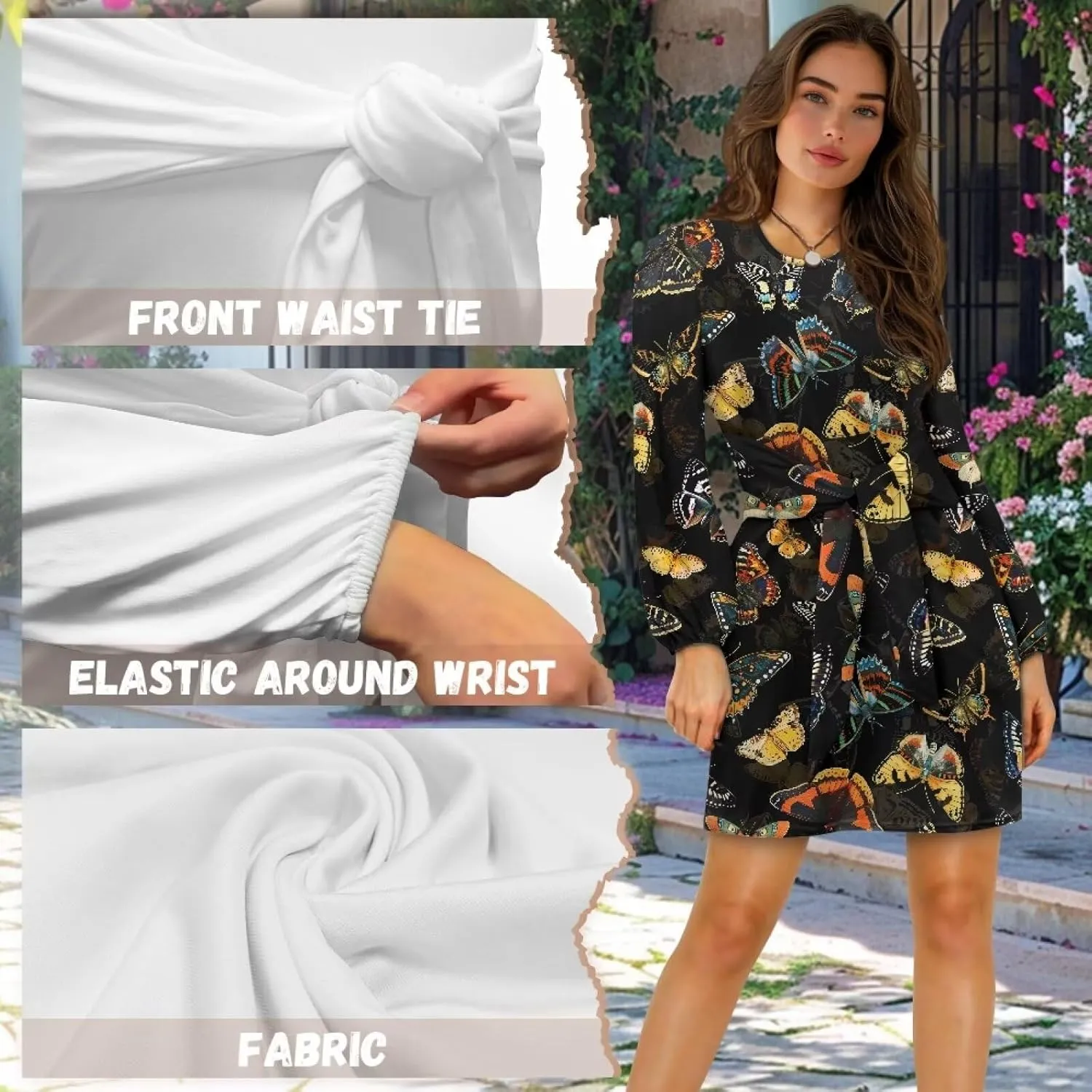 TODIYADDU Dress for Women Elegant Long Sleeve Cocktail Party Dress Mini Dresses with Belt Casual T Shirt Dress Midi Dresses