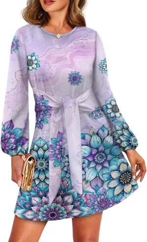 TODIYADDU Dress for Women Elegant Long Sleeve Cocktail Party Dress Mini Dresses with Belt Casual T Shirt Dress Midi Dresses