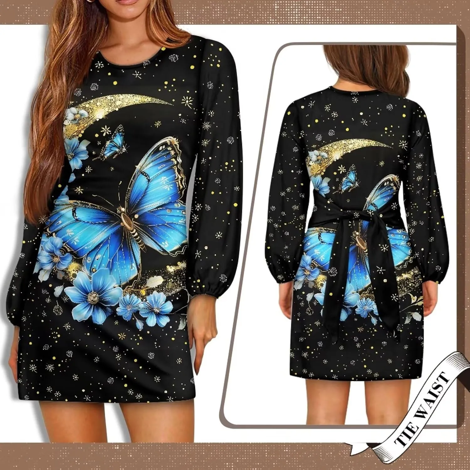 TODIYADDU Dress for Women Elegant Long Sleeve Cocktail Party Dress Mini Dresses with Belt Casual T Shirt Dress Midi Dresses