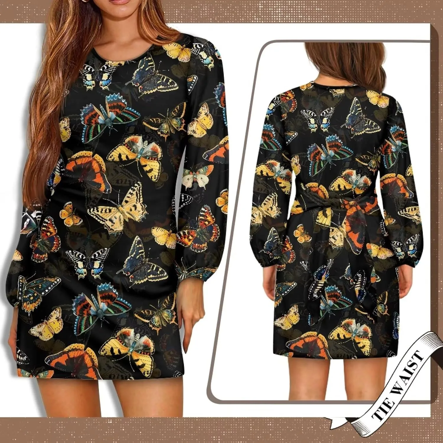 TODIYADDU Dress for Women Elegant Long Sleeve Cocktail Party Dress Mini Dresses with Belt Casual T Shirt Dress Midi Dresses
