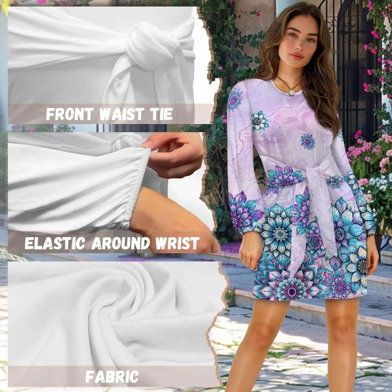 TODIYADDU Dress for Women Elegant Long Sleeve Cocktail Party Dress Mini Dresses with Belt Casual T Shirt Dress Midi Dresses