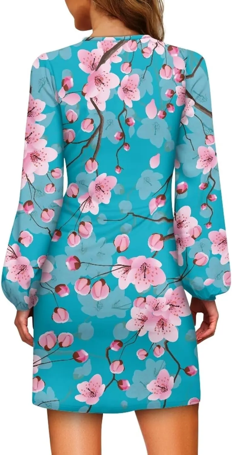 TODIYADDU Dress for Women Elegant Long Sleeve Cocktail Party Dress Mini Dresses with Belt Casual T Shirt Dress Midi Dresses