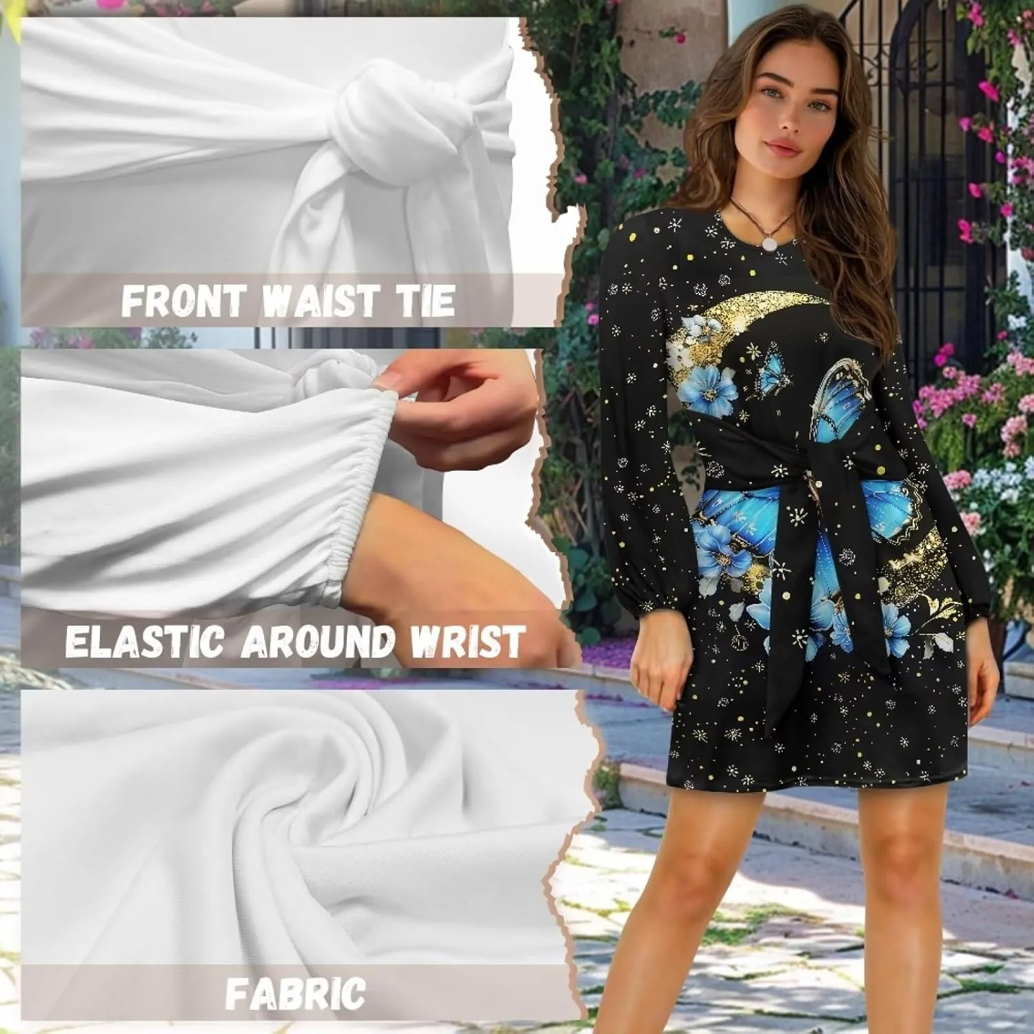 TODIYADDU Dress for Women Elegant Long Sleeve Cocktail Party Dress Mini Dresses with Belt Casual T Shirt Dress Midi Dresses