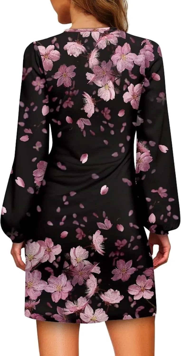 TODIYADDU Womens Casual Long Sleeve Tie Dress Trendy Midi Dress with Belt Elegant Tie Knot Mini Short Swing Skater Dresses