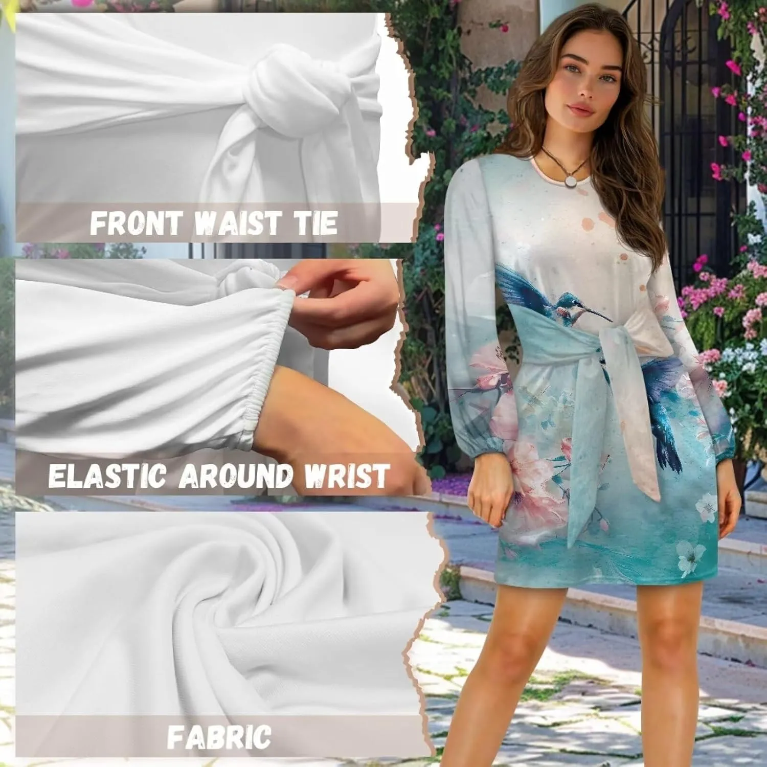 TODIYADDU Womens Casual Long Sleeve Tie Dress Trendy Midi Dress with Belt Elegant Tie Knot Mini Short Swing Skater Dresses