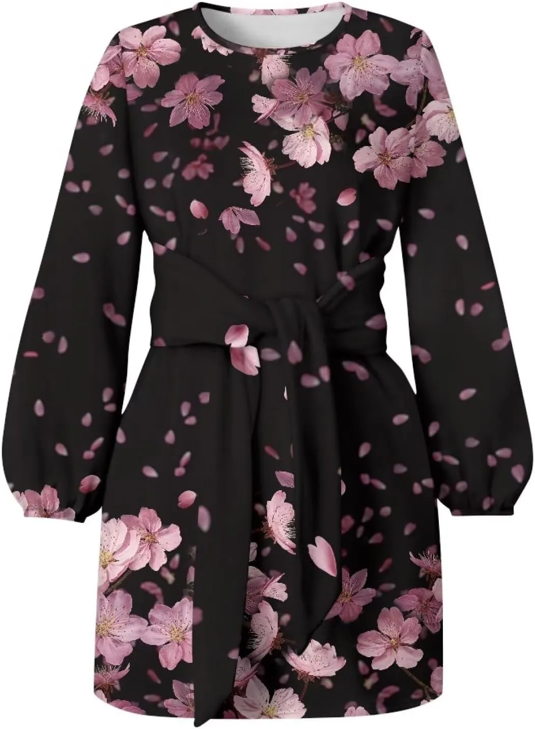 TODIYADDU Womens Casual Long Sleeve Tie Dress Trendy Midi Dress with Belt Elegant Tie Knot Mini Short Swing Skater Dresses