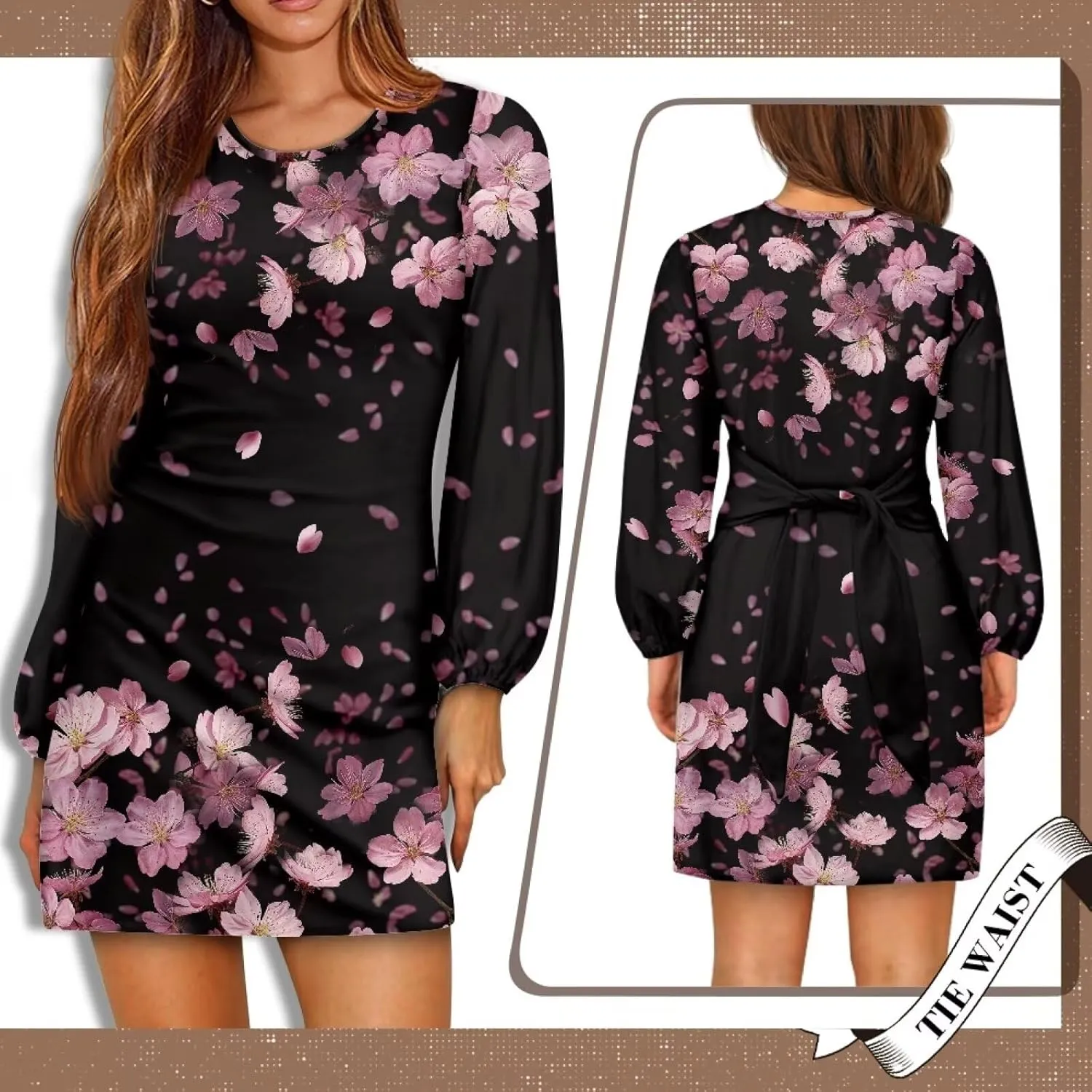 TODIYADDU Womens Casual Long Sleeve Tie Dress Trendy Midi Dress with Belt Elegant Tie Knot Mini Short Swing Skater Dresses