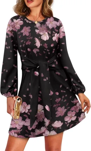 TODIYADDU Womens Casual Long Sleeve Tie Dress Trendy Midi Dress with Belt Elegant Tie Knot Mini Short Swing Skater Dresses
