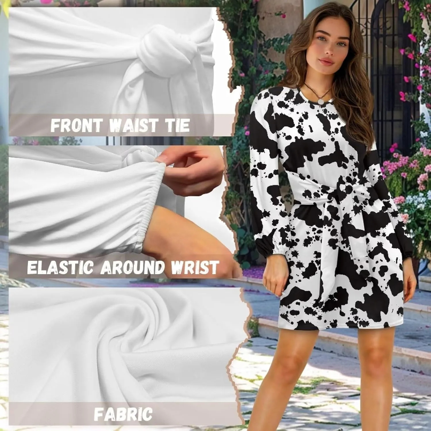 TODIYADDU Womens Casual Long Sleeve Tie Dress Trendy Midi Dress with Belt Elegant Tie Knot Mini Short Swing Skater Dresses