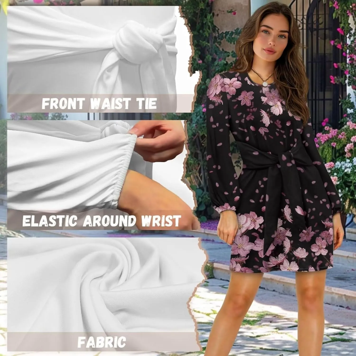 TODIYADDU Womens Casual Long Sleeve Tie Dress Trendy Midi Dress with Belt Elegant Tie Knot Mini Short Swing Skater Dresses