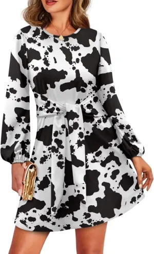 TODIYADDU Womens Casual Long Sleeve Tie Dress Trendy Midi Dress with Belt Elegant Tie Knot Mini Short Swing Skater Dresses