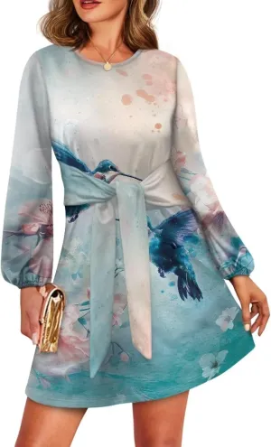 TODIYADDU Womens Casual Long Sleeve Tie Dress Trendy Midi Dress with Belt Elegant Tie Knot Mini Short Swing Skater Dresses