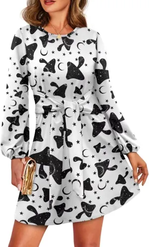 TODIYADDU Womens Dress Trendy Dresses with Lantern Sleeves Mini Short Dresses with Belt Womens Flowy Swing Midi Dress Gifts
