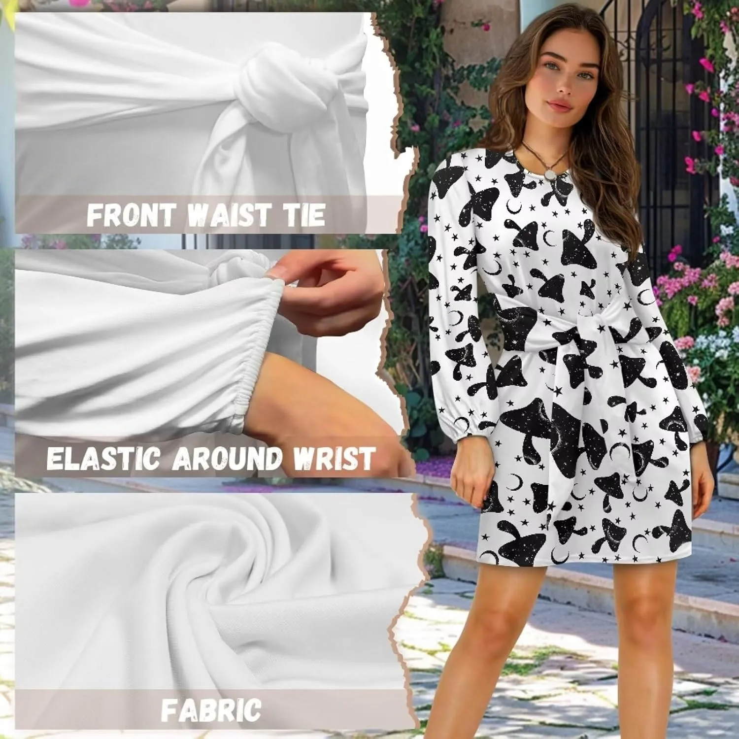 TODIYADDU Womens Dress Trendy Dresses with Lantern Sleeves Mini Short Dresses with Belt Womens Flowy Swing Midi Dress Gifts