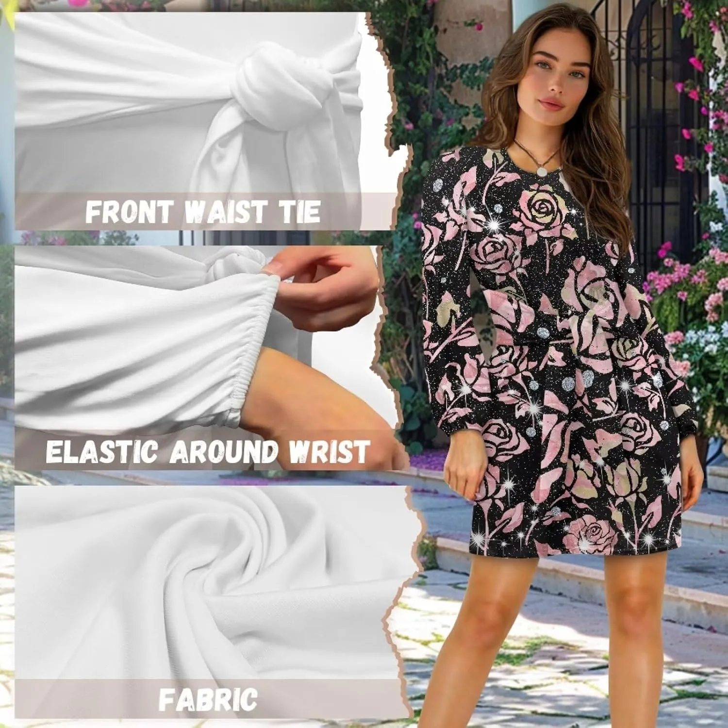 TODIYADDU Womens Dress Trendy Dresses with Lantern Sleeves Mini Short Dresses with Belt Womens Flowy Swing Midi Dress Gifts