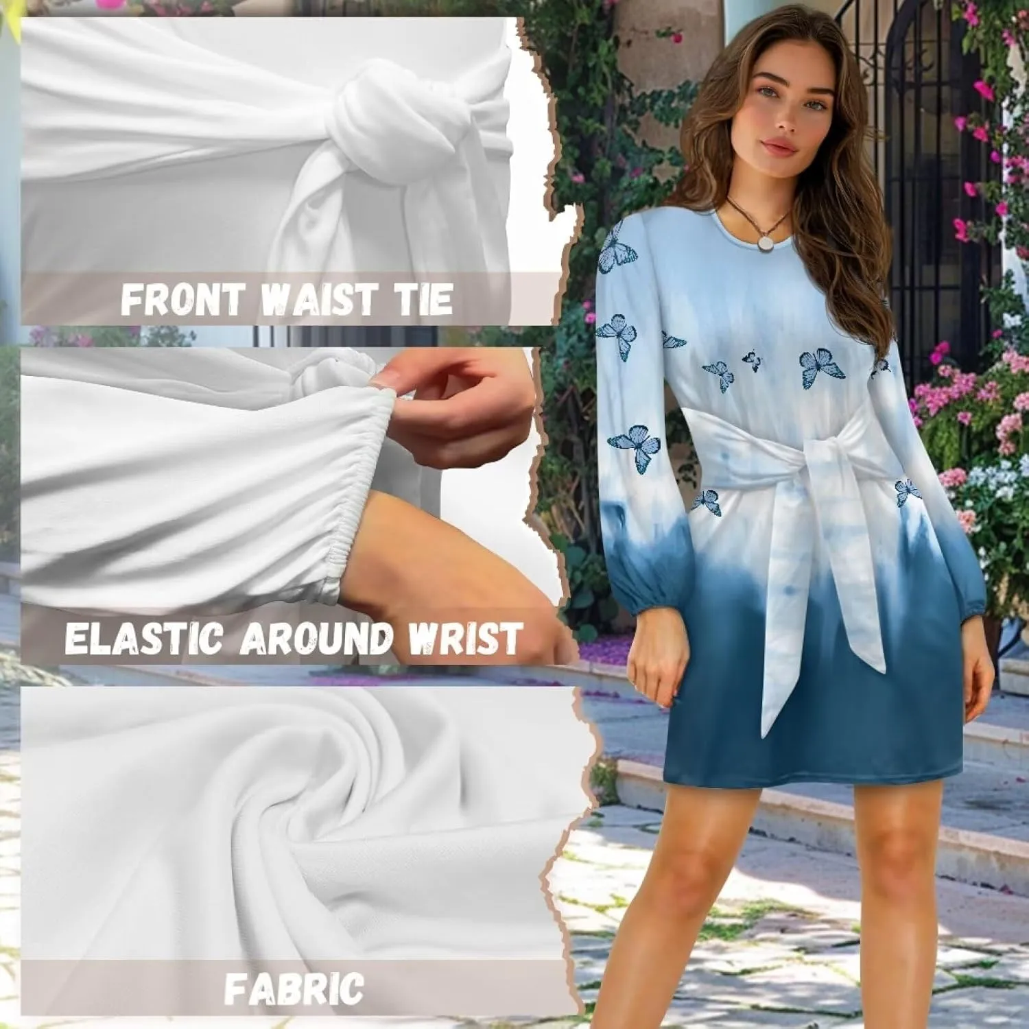 TODIYADDU Womens Dress Trendy Dresses with Lantern Sleeves Mini Short Dresses with Belt Womens Flowy Swing Midi Dress Gifts