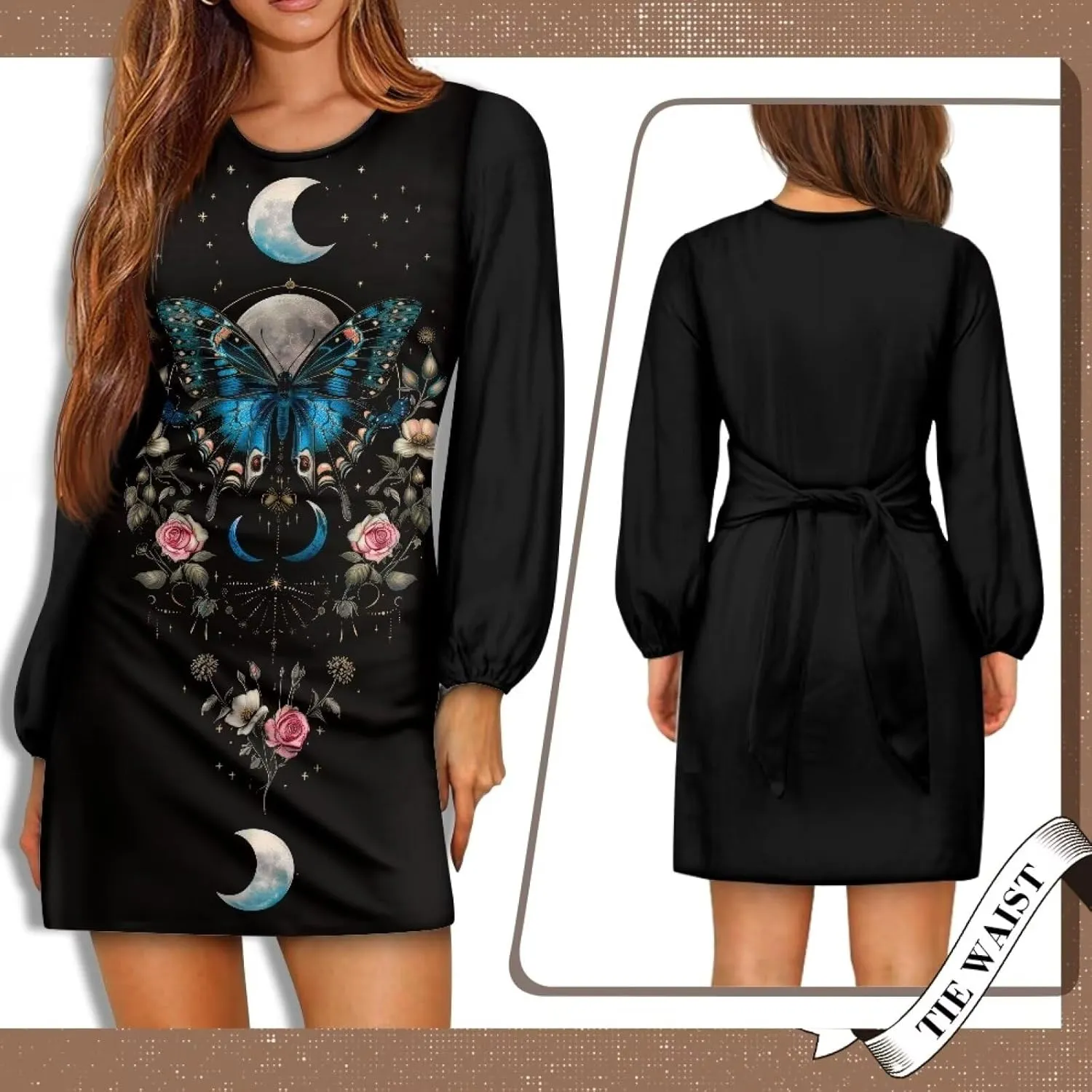 TODIYADDU Womens Dress Trendy Dresses with Lantern Sleeves Mini Short Dresses with Belt Womens Flowy Swing Midi Dress Gifts