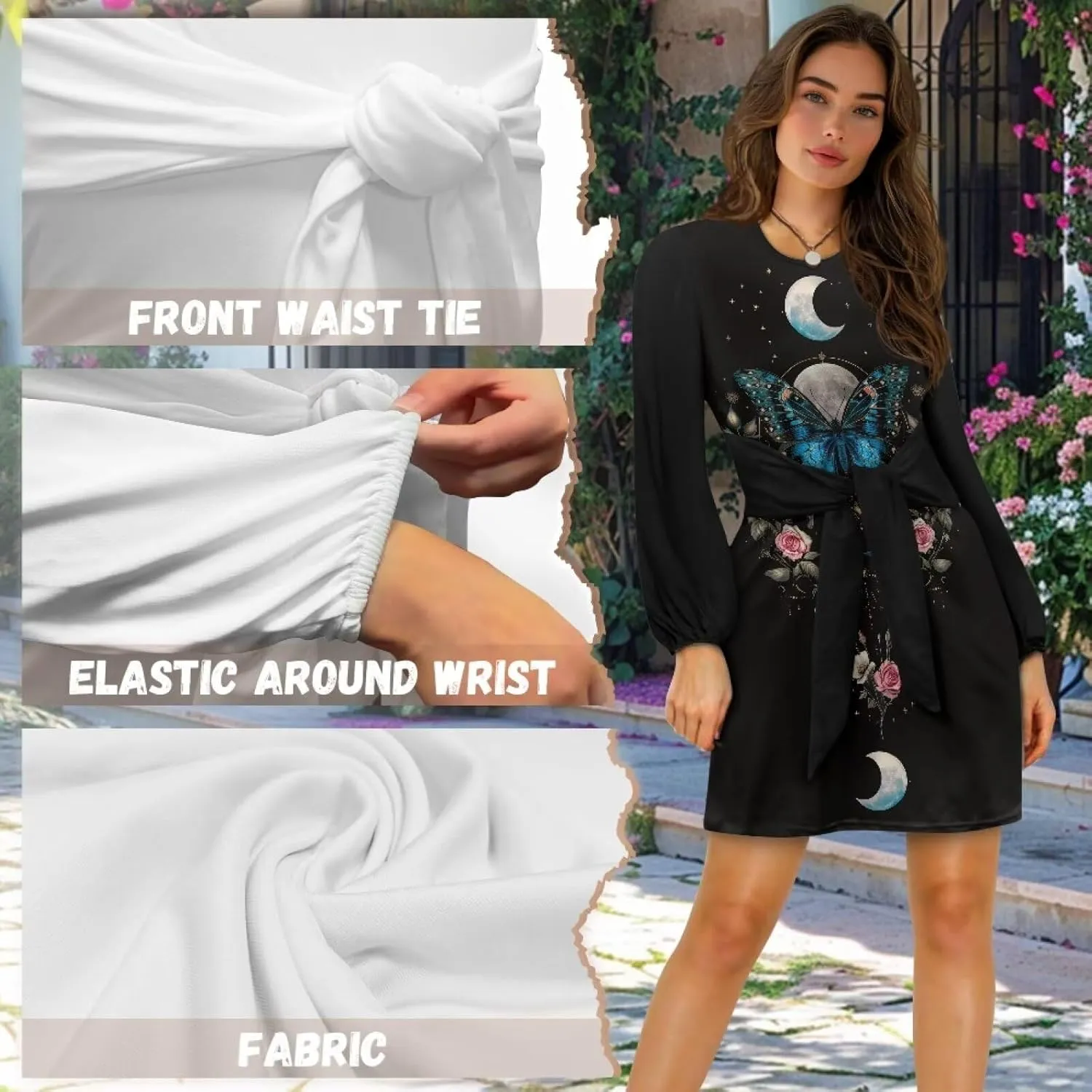 TODIYADDU Womens Dress Trendy Dresses with Lantern Sleeves Mini Short Dresses with Belt Womens Flowy Swing Midi Dress Gifts