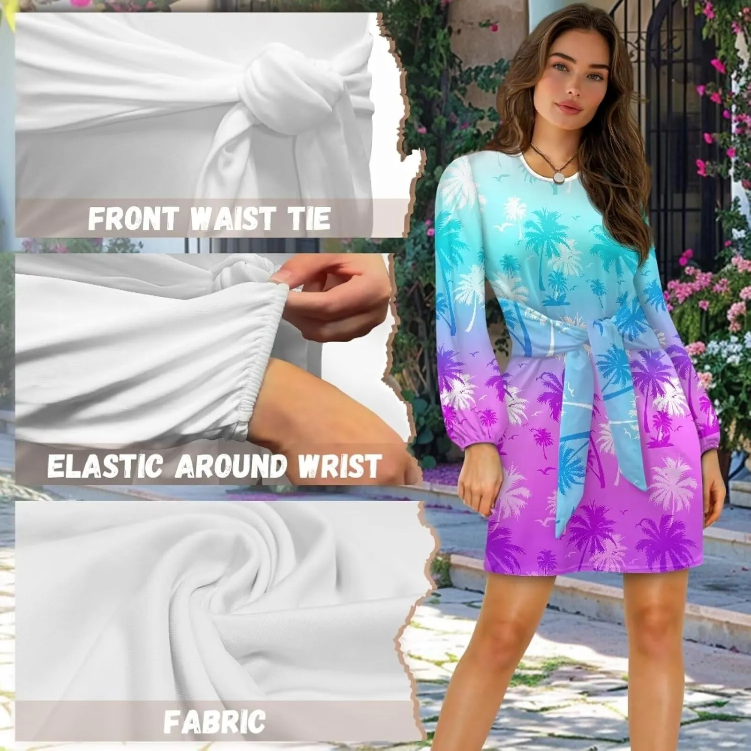 TODIYADDU Womens Dress Trendy Dresses with Lantern Sleeves Mini Short Dresses with Belt Womens Flowy Swing Midi Dress Gifts