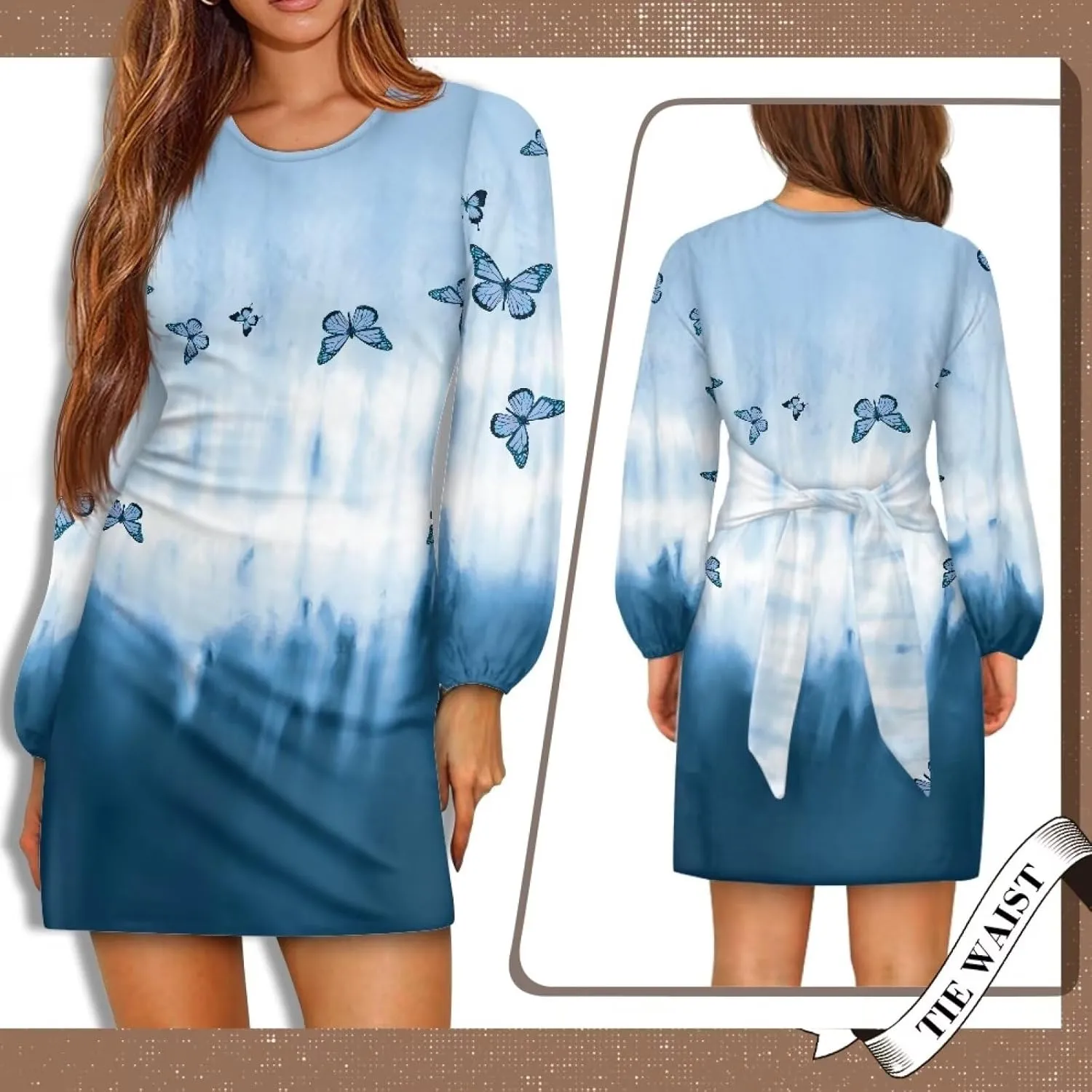 TODIYADDU Womens Dress Trendy Dresses with Lantern Sleeves Mini Short Dresses with Belt Womens Flowy Swing Midi Dress Gifts