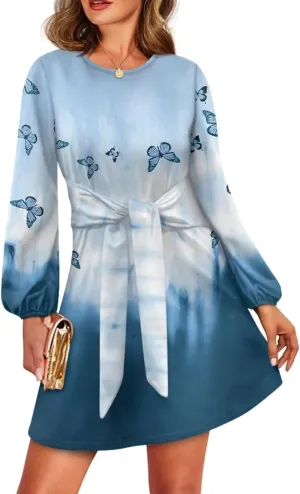 TODIYADDU Womens Dress Trendy Dresses with Lantern Sleeves Mini Short Dresses with Belt Womens Flowy Swing Midi Dress Gifts