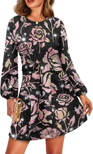 TODIYADDU Womens Dress Trendy Dresses with Lantern Sleeves Mini Short Dresses with Belt Womens Flowy Swing Midi Dress Gifts