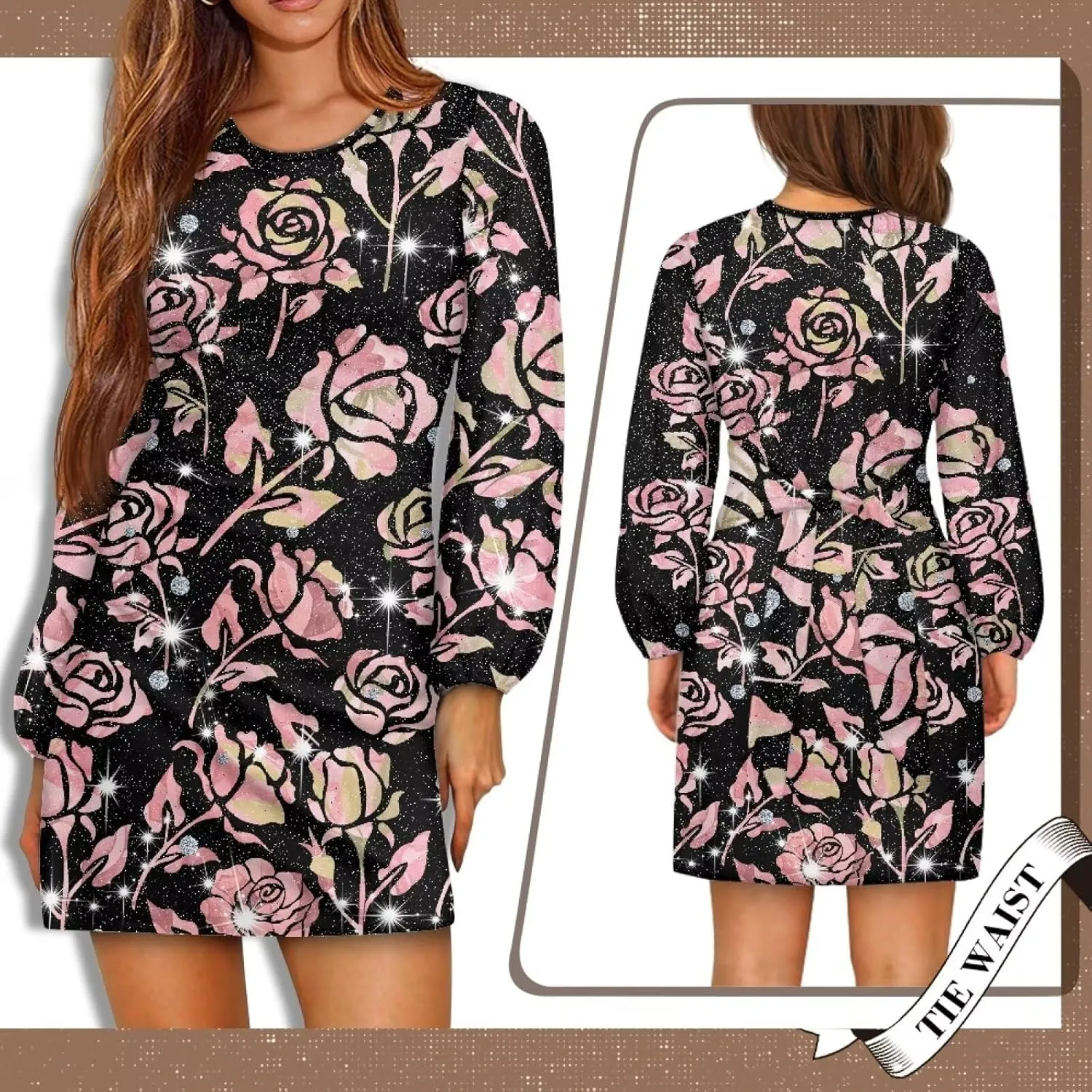 TODIYADDU Womens Dress Trendy Dresses with Lantern Sleeves Mini Short Dresses with Belt Womens Flowy Swing Midi Dress Gifts
