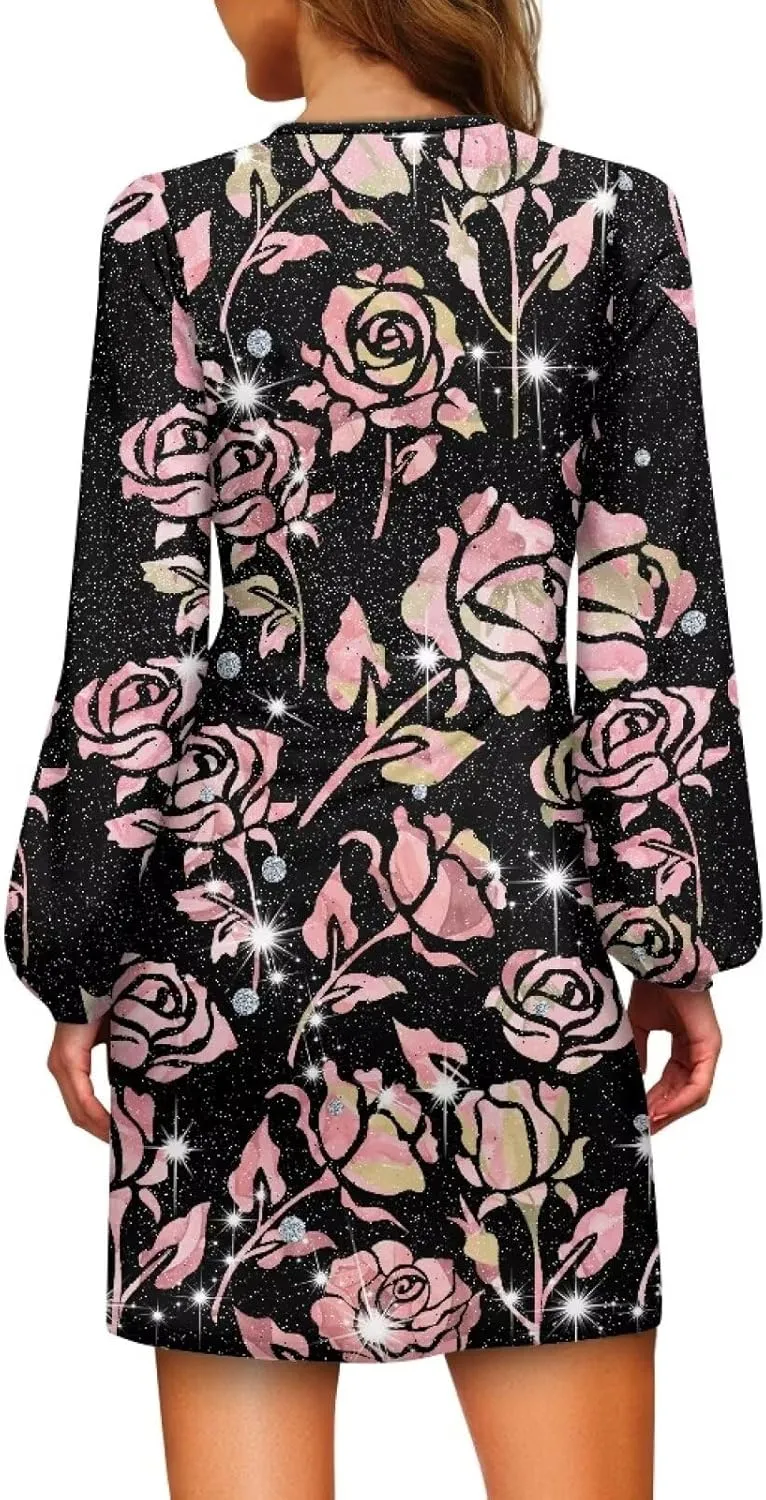 TODIYADDU Womens Dress Trendy Dresses with Lantern Sleeves Mini Short Dresses with Belt Womens Flowy Swing Midi Dress Gifts