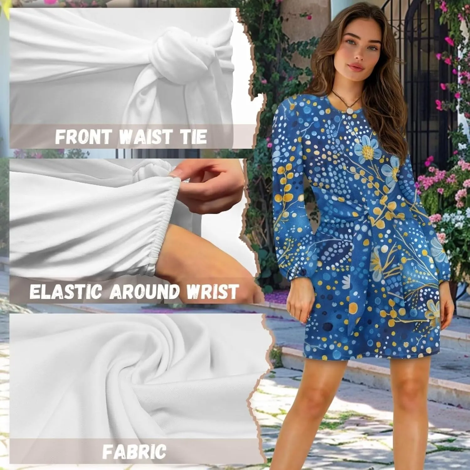 TODIYADDU Womens Dress Trendy Dresses with Lantern Sleeves Mini Short Dresses with Belt Womens Flowy Swing Midi Dress Gifts