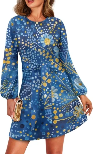TODIYADDU Womens Dress Trendy Dresses with Lantern Sleeves Mini Short Dresses with Belt Womens Flowy Swing Midi Dress Gifts