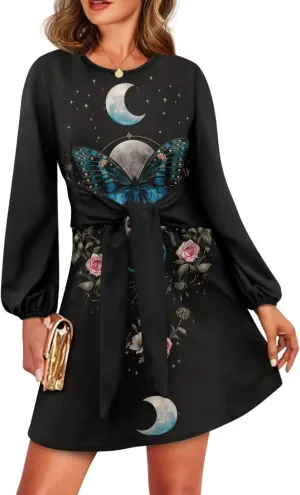 TODIYADDU Womens Dress Trendy Dresses with Lantern Sleeves Mini Short Dresses with Belt Womens Flowy Swing Midi Dress Gifts
