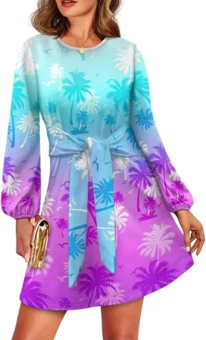 TODIYADDU Womens Dress Trendy Dresses with Lantern Sleeves Mini Short Dresses with Belt Womens Flowy Swing Midi Dress Gifts