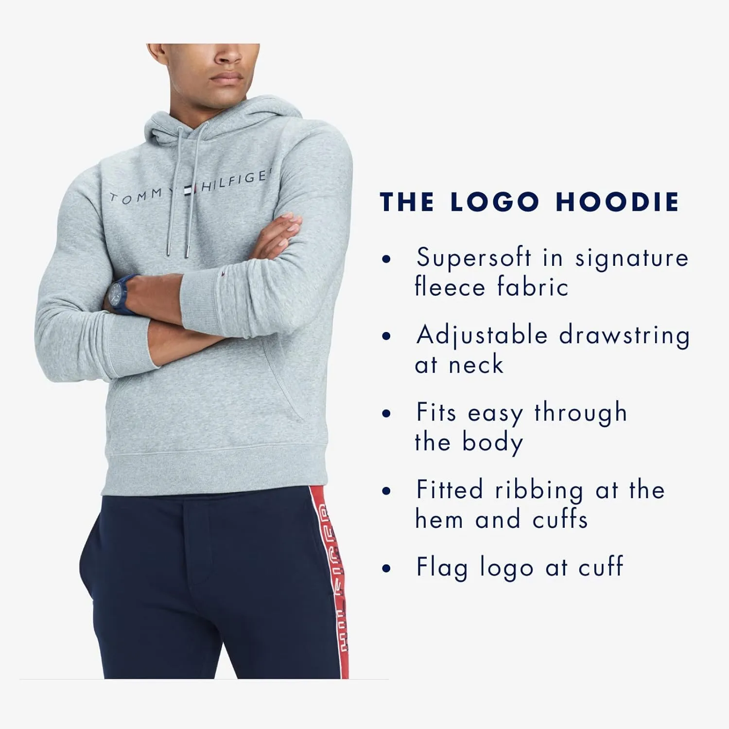 Tommy Hilfiger Men's Long Sleeve Fleece Logo Pullover Hoodie Sweatshirt