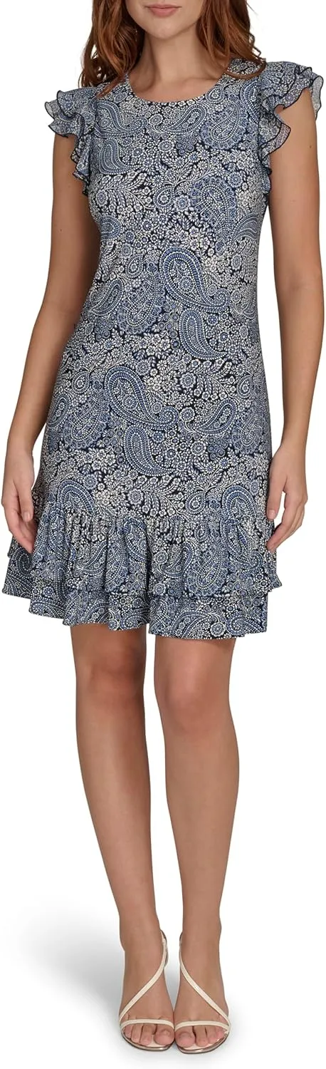Tommy Hilfiger Women's Sleeveless Round Neck Ruffle Trim Mini Dress