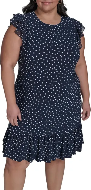 Tommy Hilfiger Women's Sleeveless Round Neck Ruffle Trim Mini Dress