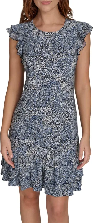 Tommy Hilfiger Women's Sleeveless Round Neck Ruffle Trim Mini Dress