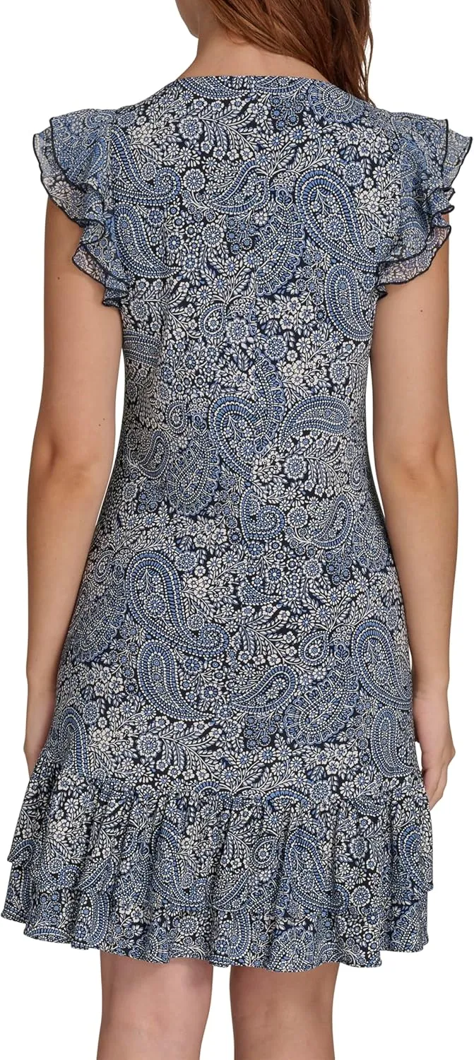 Tommy Hilfiger Women's Sleeveless Round Neck Ruffle Trim Mini Dress