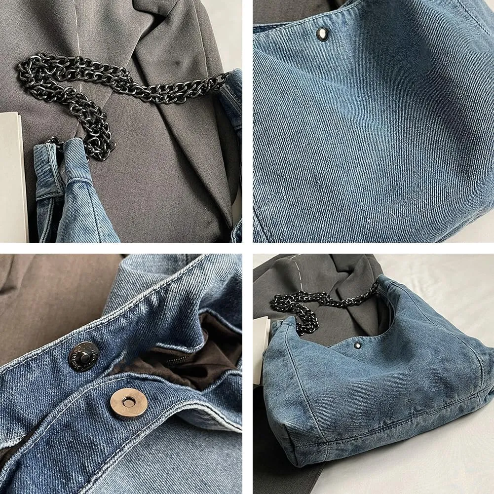 Trendy Denim Large Capacity Underarm Bag Casual Magnetic Buckle Hobo Bag Work Travel Shoulder Bags for Women 2025
