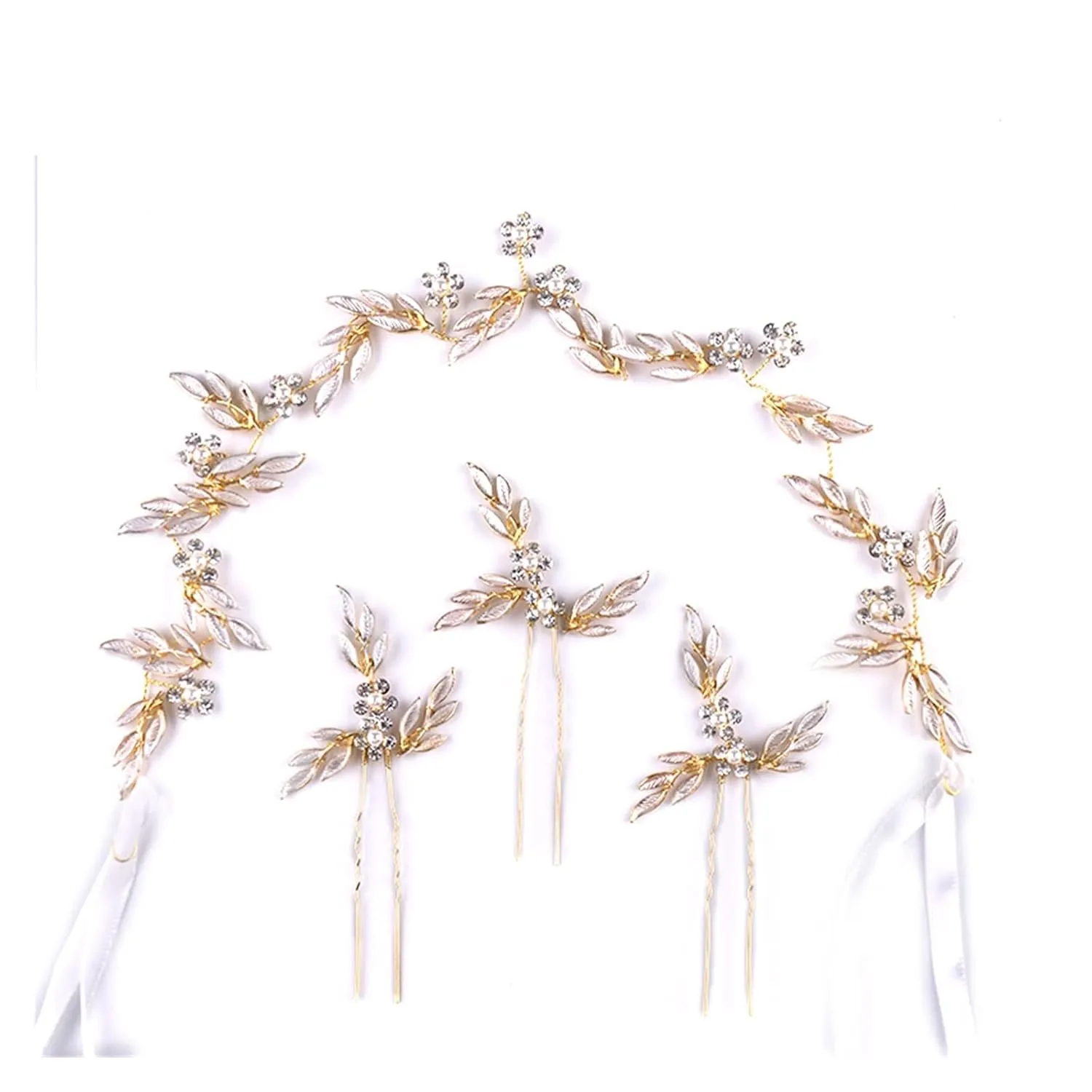 TRUSTTWO 4 Pcs/Set Gold Color Wedding Hair Accessories Pearl Crystal Headbands Hairpins Leaves Flower Handmade Women Bridal Hair Jewelry The New