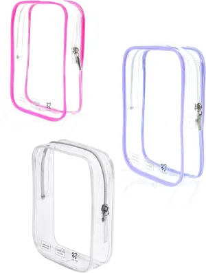 TSA Approved Toiletry Bag, Airplane Travel Essentials for Long Flight Flying European International Must Haves Small Quart Size Makeup Zipper Pouch (3, Clear, Pink, Purple)