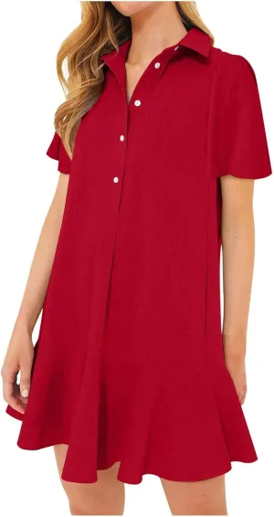 Tshirt Dress Women Summer 2024 Button Down Ruched Ruffle Loose Fit Dresses Short Sleeve Lapel Mini Casual Dresses