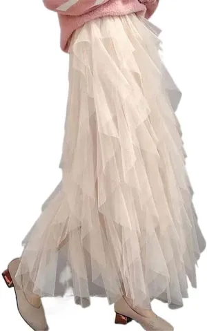 Tulle Long Maxi Women's Skirt Korean Cute Pink High Waist Pleated Female Lady Aesthetic