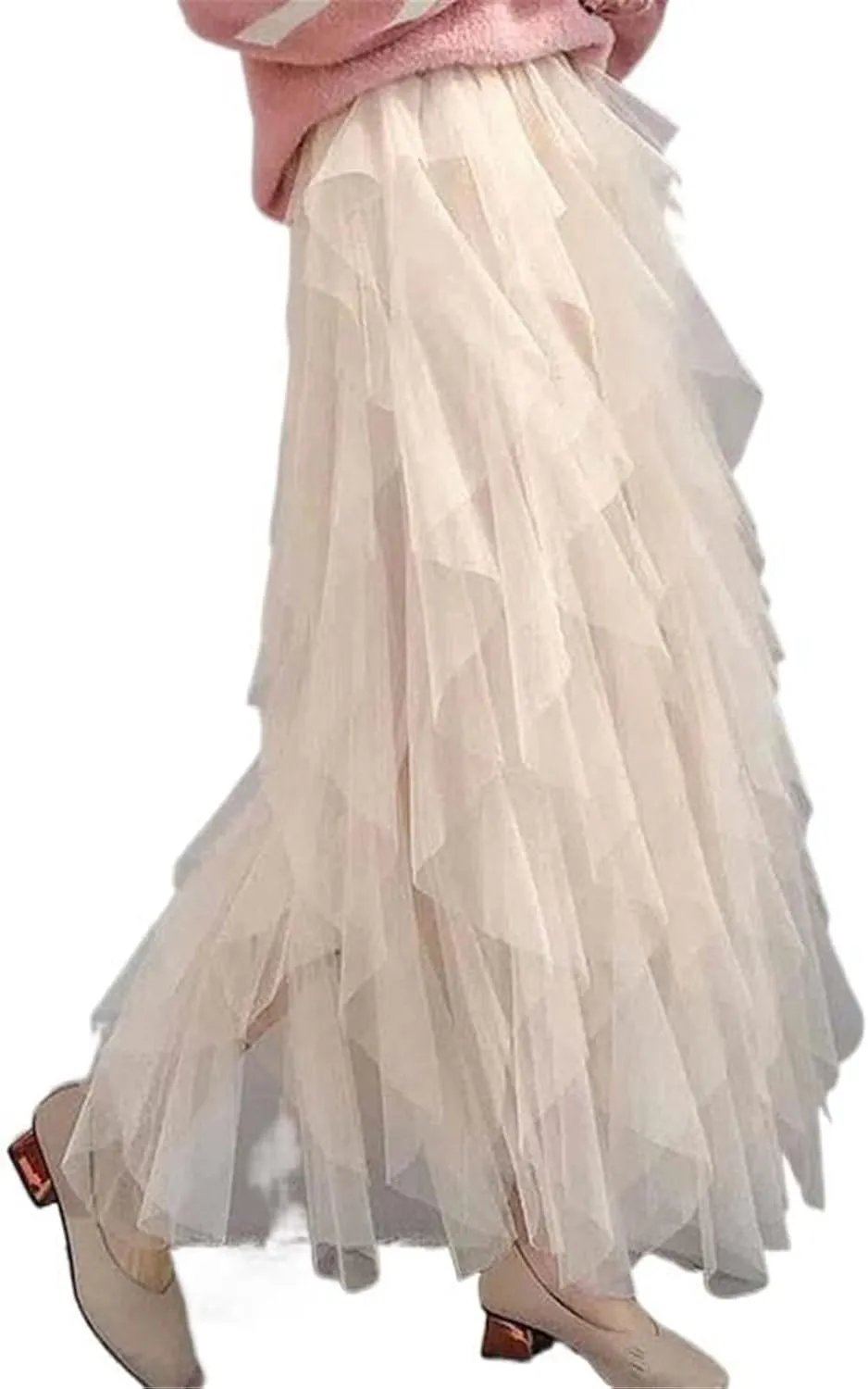 Tulle Long Maxi Women's Skirt Korean Cute Pink High Waist Pleated Female Lady Aesthetic
